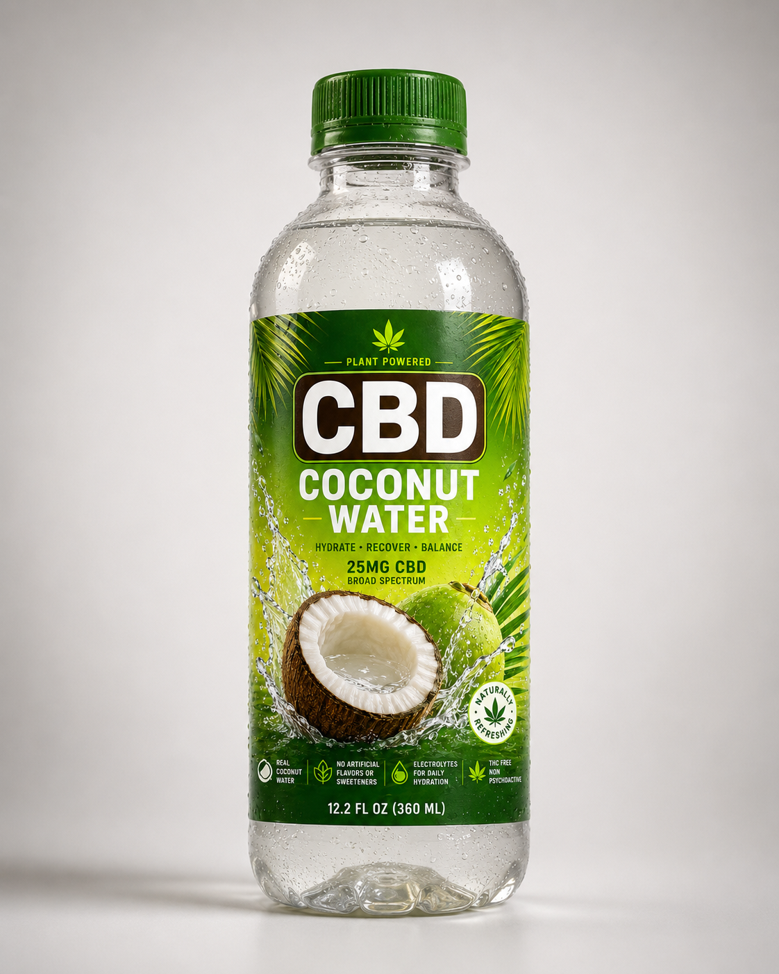 Coconut water bottle with a vivid green label concept